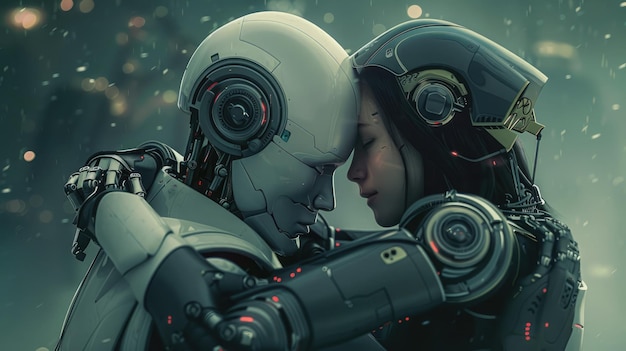 L'harmonie de la technologie l'humanité montrée comme un robot humain partage un câlin sincère l'amour de l'automatisation