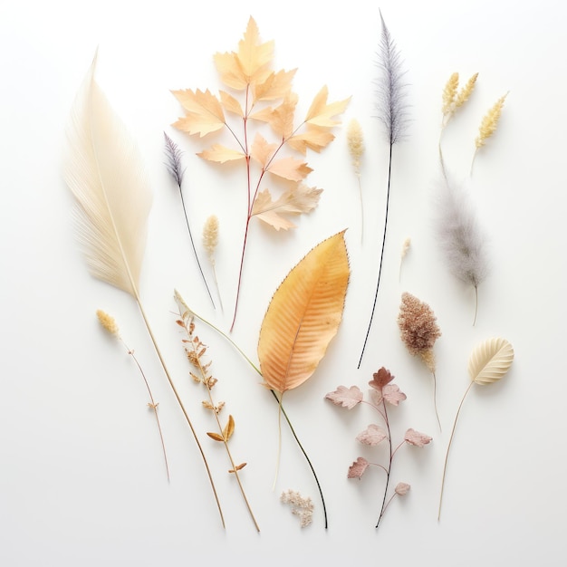 L'harmonie des teintes pastel Un étonnant éventail d'herbes au milieu d'une toile de fond blanche aux feuilles d'automne