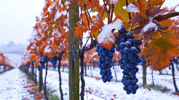 Harmony a dévoilé le mélange captivant de feuilles d'automne et de neige de vignes bleues à Remstal en Allemagne