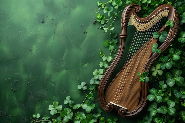 Une harpe en bois est placée sur un champ vert vibrant le jour de Saint-Patrick.