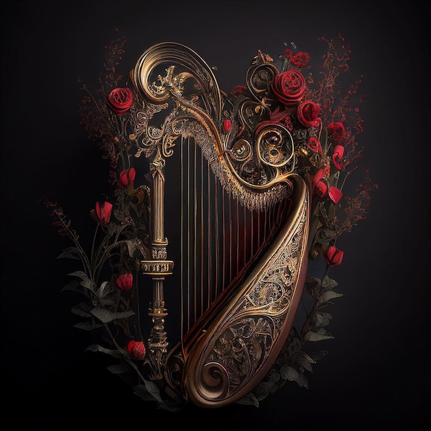 Photo une harpe en or avec un dessin de rose dessus.