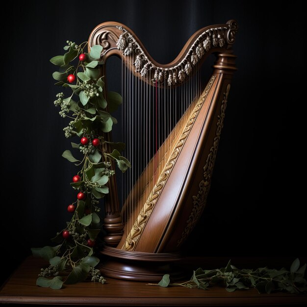 Photo une harpe avec une vigne florale sur elle est assise sur une table