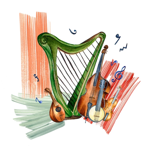 Harpe violon contrebasse banjo et illustration aquarelle de trait de peinture isolé