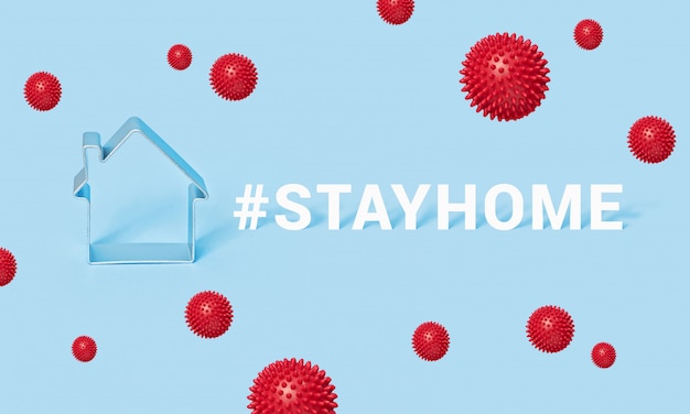 Hashtag STAY HOME avec maison sur fond bleu, bannière de motivation covid-19