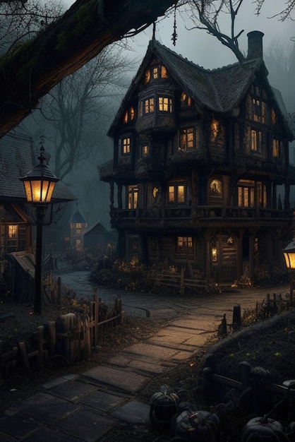 Haunted House Une maison hantée effrayante avec un look vintage patiné pour Halloween et autres événements effrayants.