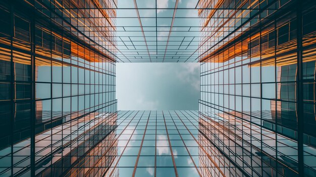 un haut bâtiment en verre avec un ciel en arrière-plan