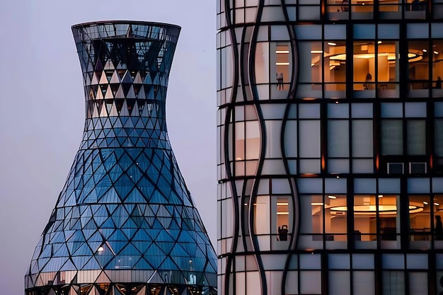 un haut bâtiment avec un verre et un grand bâtiment avec une grande fenêtre en verre