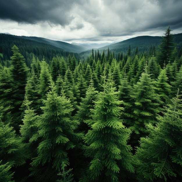 D'en haut, capturez la beauté sereine d'une forêt de pins.