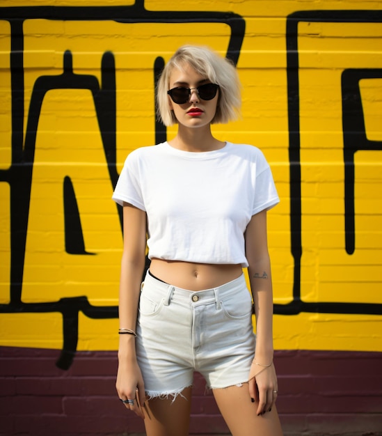 haut court tshirt blanc maquette fille élégante dans la rue boho femme avec tatouages modèle de lunettes de soleil