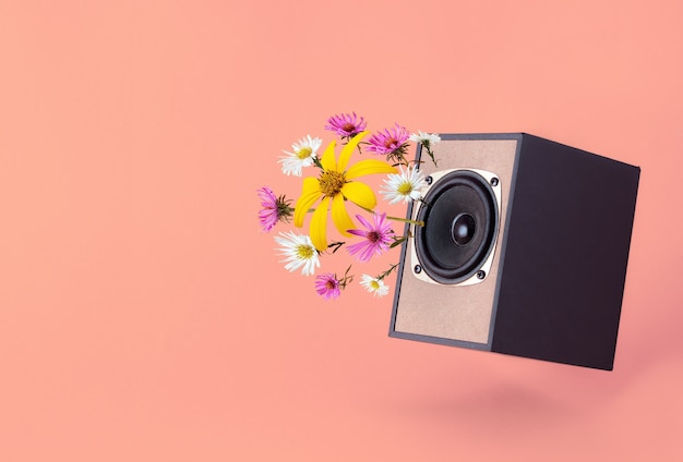 Haut-parleur audio avec des fleurs de printemps sur fond de corail. Concept d'ambiance printanière minimale. Sons de printemps et idées fraîches.