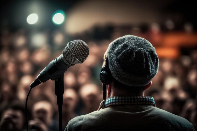 Haut-parleur audio avec micro sur scène devant un public en direct
