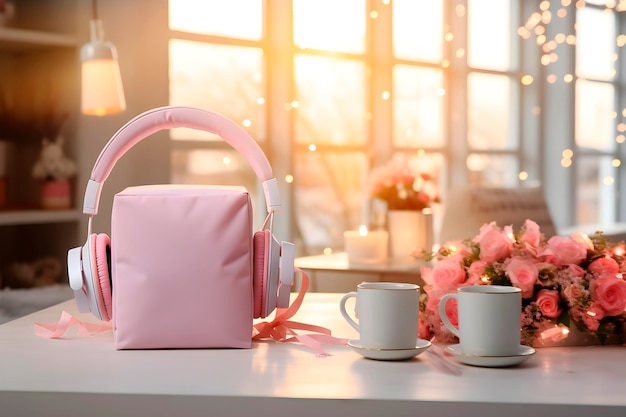 Haut-parleur audio portable intérieur moderne doux rose généré par l'IA