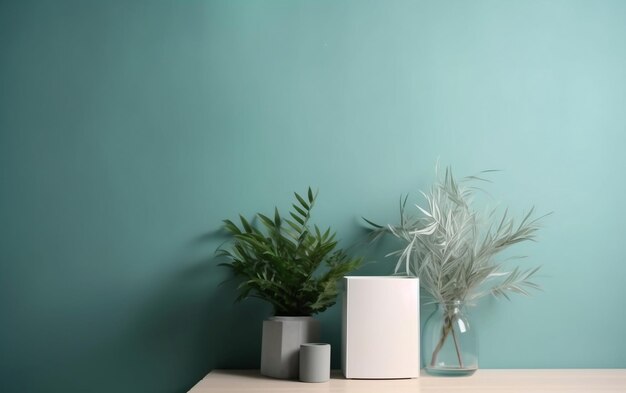 Un haut-parleur blanc est assis sur une table à côté d'un vase avec des plantes