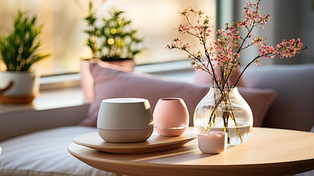 Photo un haut-parleur bluetooth minimaliste sur une table dans un salon contre un haut-parler blanc minimaliste et léger à l'intérieur est assis sur une table à café dans un salon avec un canapé et un livre ia générative