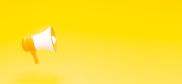 Haut-parleur mégaphone sur fond jaune mégaphone sur fond blanc large bannière copie espace rendu 3d
