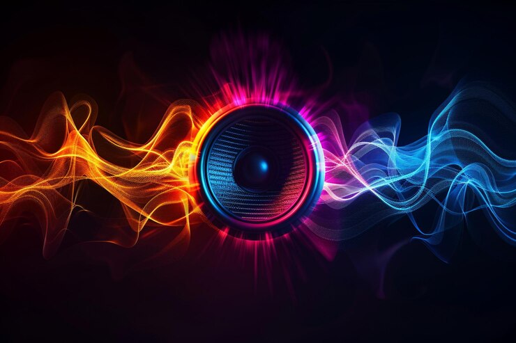 Photo haut-parleur sonore avec des ondes sonores bleu orange et magenta brillantes sur un fond noir
