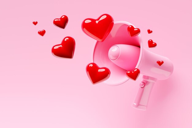 Haut-parleur en verre de dessin animé rose avec des coeurs sur un fond monochrome rose Illustration 3d d'un mégaphone Concept de promotion de symbole publicitaire Fête des Mères et Saint Valentin