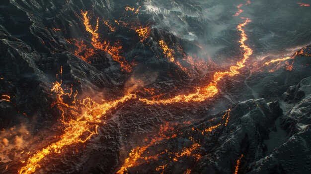 D'en haut, une rivière de feu s'échappe à travers une vallée. La chaleur intense crée une hallucination.