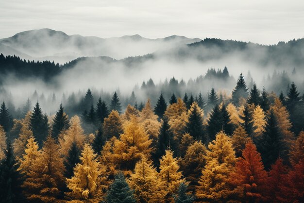 Haut sommet aérien de la forêt pendant une calme journée d'automne Des arbres colorés dans la forêt Un paysage magnifique