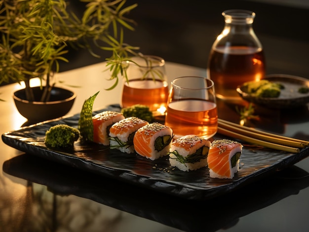 D'en haut sushi et petits pains sur table dans un restaurant asiatique