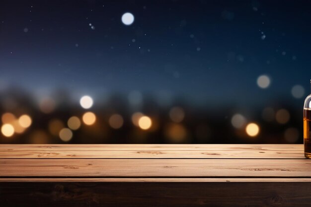 Photo le haut d'une table en bois sur un fond flou avec un fond de nuit