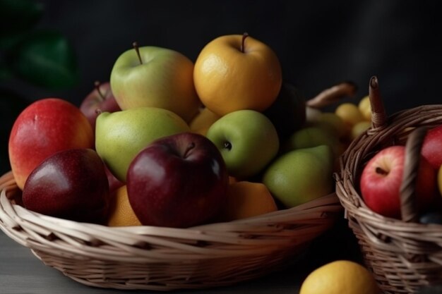 Haut vue rapprochée fruits bananes limes pommes dans le panier et nectarines sur la table