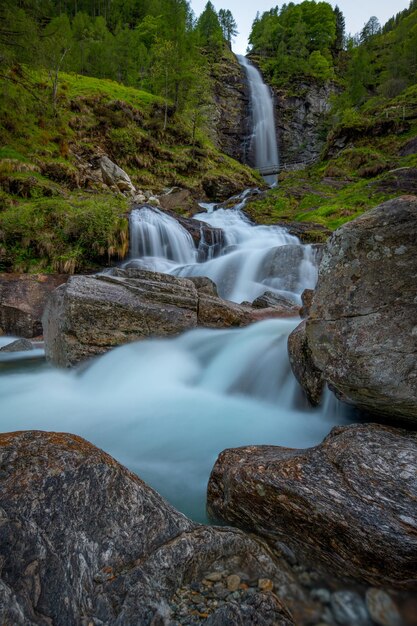 Une haute cascade entourée d'herbes hautes et un sentier de randonnée