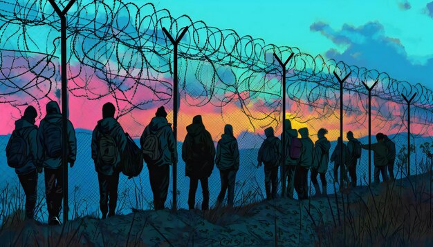 Une haute clôture avec des fils tranchants bloque le chemin des gens fuyant la guerre la crise de l'immigration