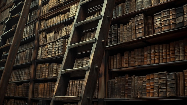 Une haute échelle en bois s'appuie sur des étagères remplies de vieux livres en cuir dans une bibliothèque classique.
