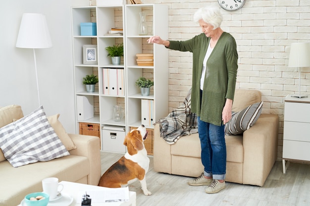 Haute femme jouant avec son chien