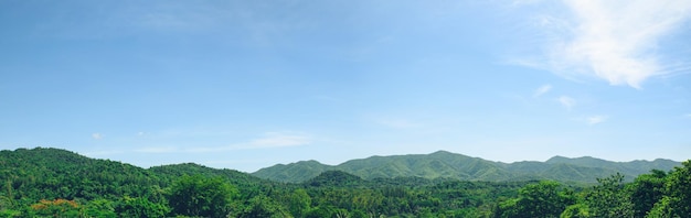 Haute montagne dans la journée Beau panorama de paysage naturel ou fond de bannière Ciel bleu Forêt verte