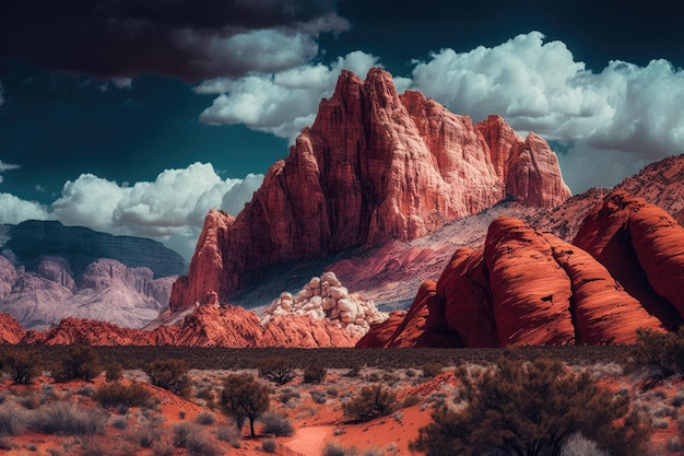 Haute montagne avec des formations rocheuses rouges contre un ciel nuageux créé avec une IA générative