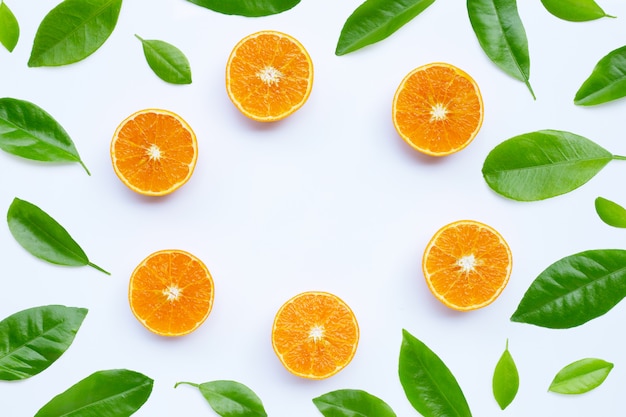 Haute vitamine C, juteuse et sucrée. Cadre fait de fruits orange avec des feuilles