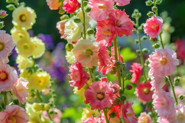 Les hautes et colorées hollyhocks en pleine floraison pendant la saison estivale Alcea Rosea Plant