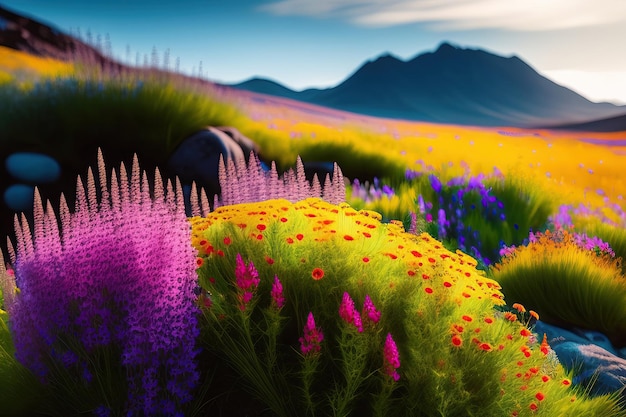 De hautes et courtes fleurs sauvages de toutes couleurs poussant sur les rochers Belle prairie colorée de fleurs sauvage