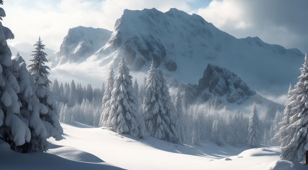 De hautes montagnes sous la neige en hiver et des arbres