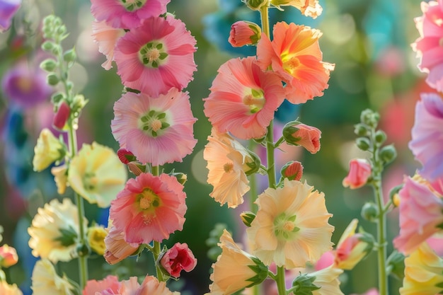 Photo les hautes roseaux colorés alcea rosea fleurissent pendant l'été