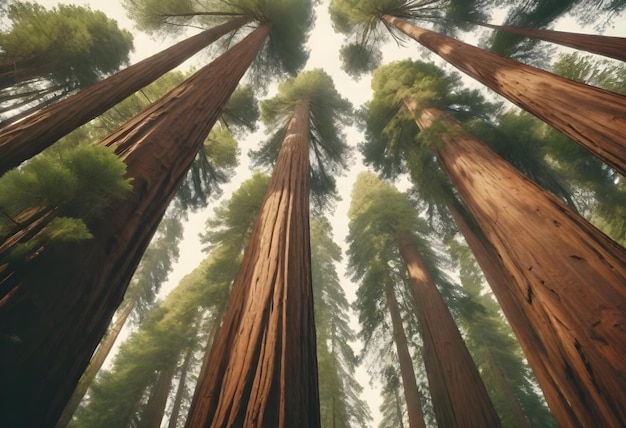 De hauts séquoias convergeant vers le ciel avec un feuillage dense au sommet