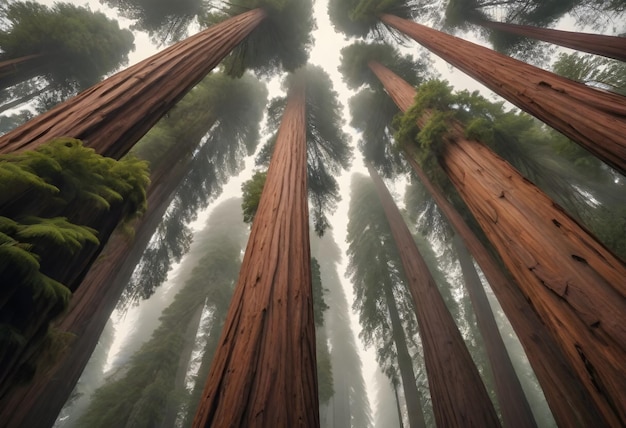 De hauts séquoias convergeant vers le ciel avec un feuillage dense au sommet