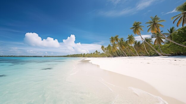 Un havre côtier tranquille de sable blanc et de noix de coco sous un ciel bleu