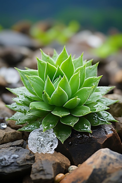 Haworthia sur une surface rocheuse Verts silencieux Lentille à effet macro Illustration hyperréaliste Photo Art