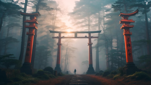 HD Papers peints de la forêt brumeuse au Japon Porte Torii au Japon Forêt bruneuse à l'arrière-plan forestier brumeux