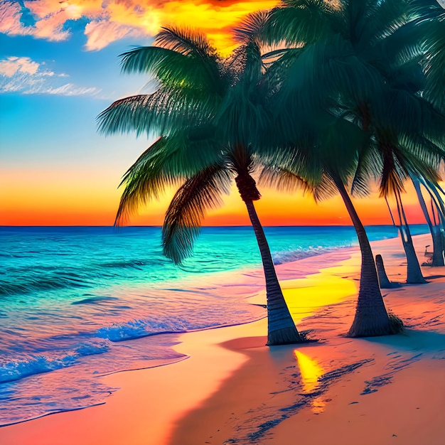 Photo hd peinture de plage sereine au coucher du soleil avec des palmiers vue du coucher du soleil d'une plage sérène avec des palmier