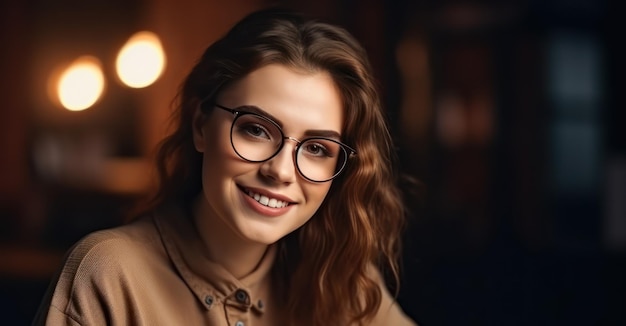 Head shot portrait of smiling woman in glasses écrit en prenant des notes étudiante assis au travail d