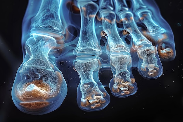 Photo healthcare science and digital xray of foot for research innovation and analysis of joint bone or