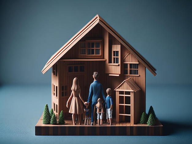 Héhé, debout près de la maison en bois Concept d'hypothèque