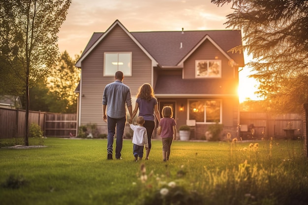 Héhé, souriant à l'extérieur de leur nouvelle maison au coucher du soleil