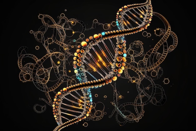 Hélice d'ADN sur fond noir IA générative double brin de brins de couleur jaune et bleu d'un humain