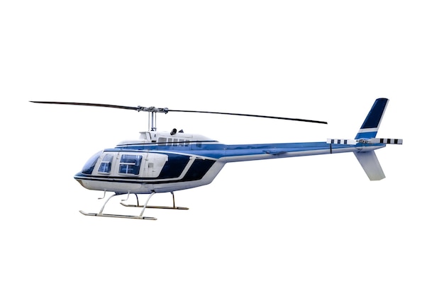 Hélicoptère ancien modèle bleu garé isolé sur fond blanc