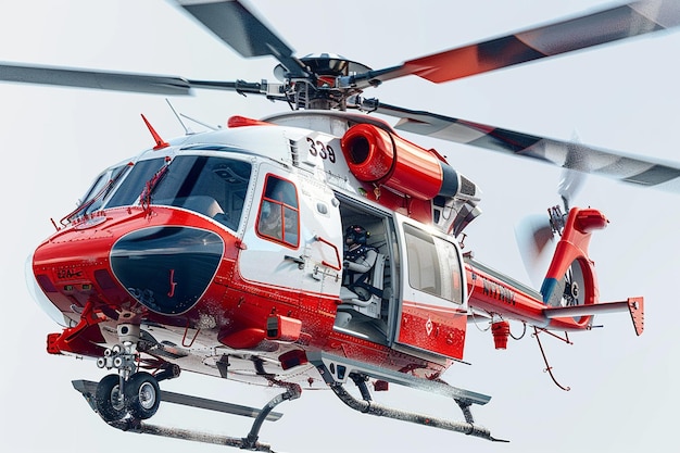 Photo hélicoptère arafed volant dans l'air avec un schéma de couleurs rouge et blanc génératif ai